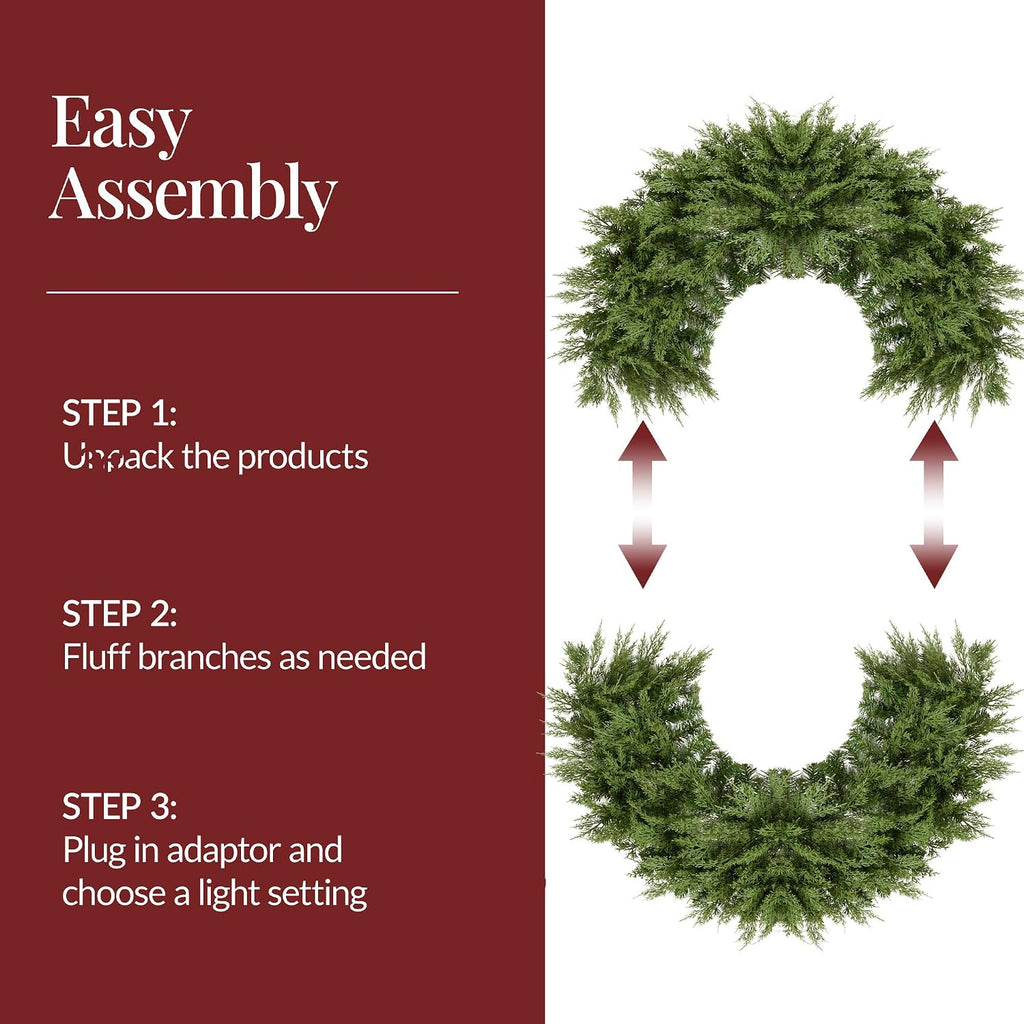 Pre-Lit Cedar Cypress Christmas Wreath w/Twinkling LEDs, 48in Realistic Large Indoor/Outdoor Holiday Decor for Door