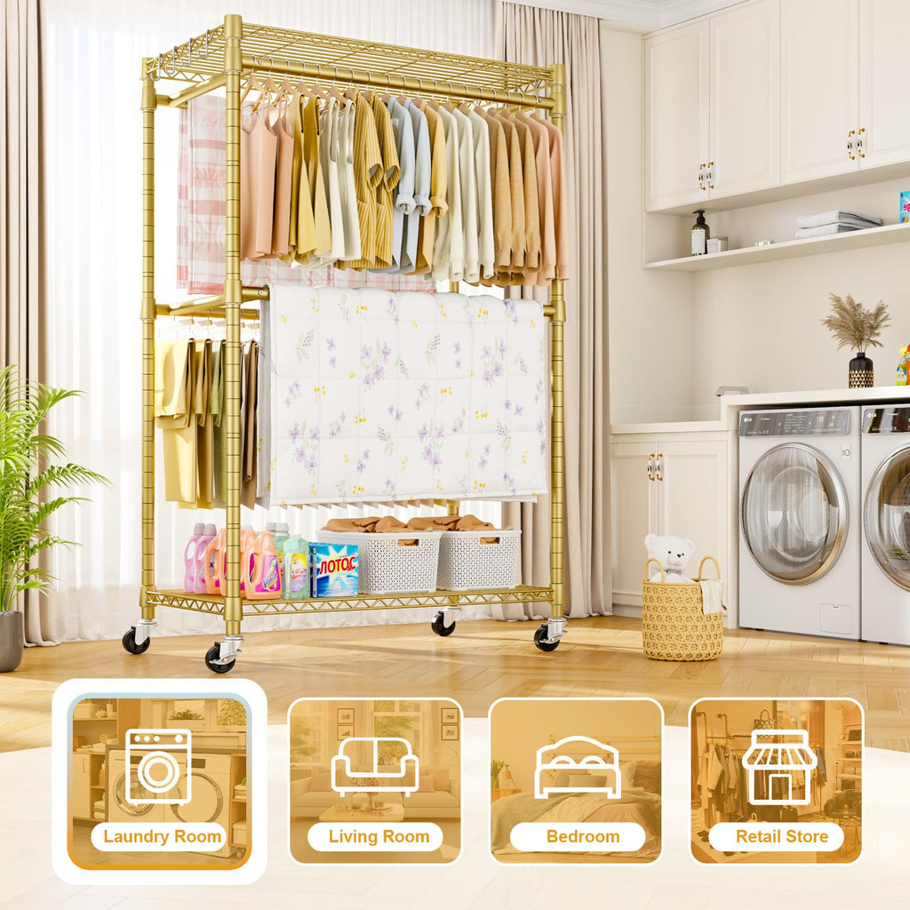 Rolling Clothes Rack, Clothing Racks for Hanging Clothes, Gold