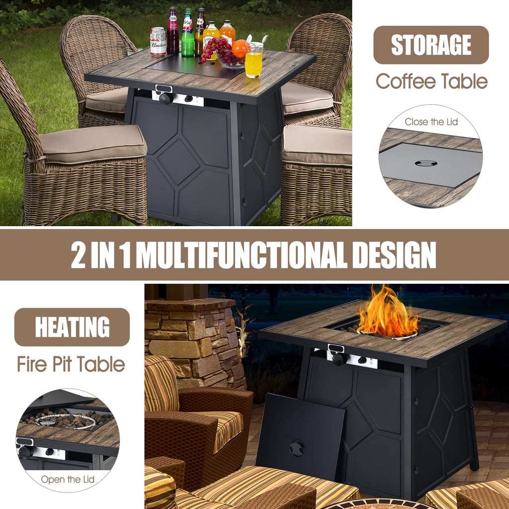 28 Inches Propane Fire Pit Table, 40, 000 BTU Square Fire Table with Lid, Lava Stone, Waterproof Cover and Instant