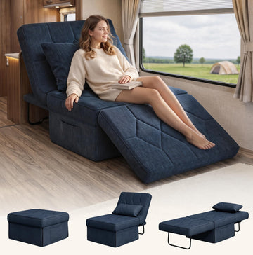 Ottoman Bed Sleeper, 28" Convertible Sleeper Chair Bed, Navy Blue