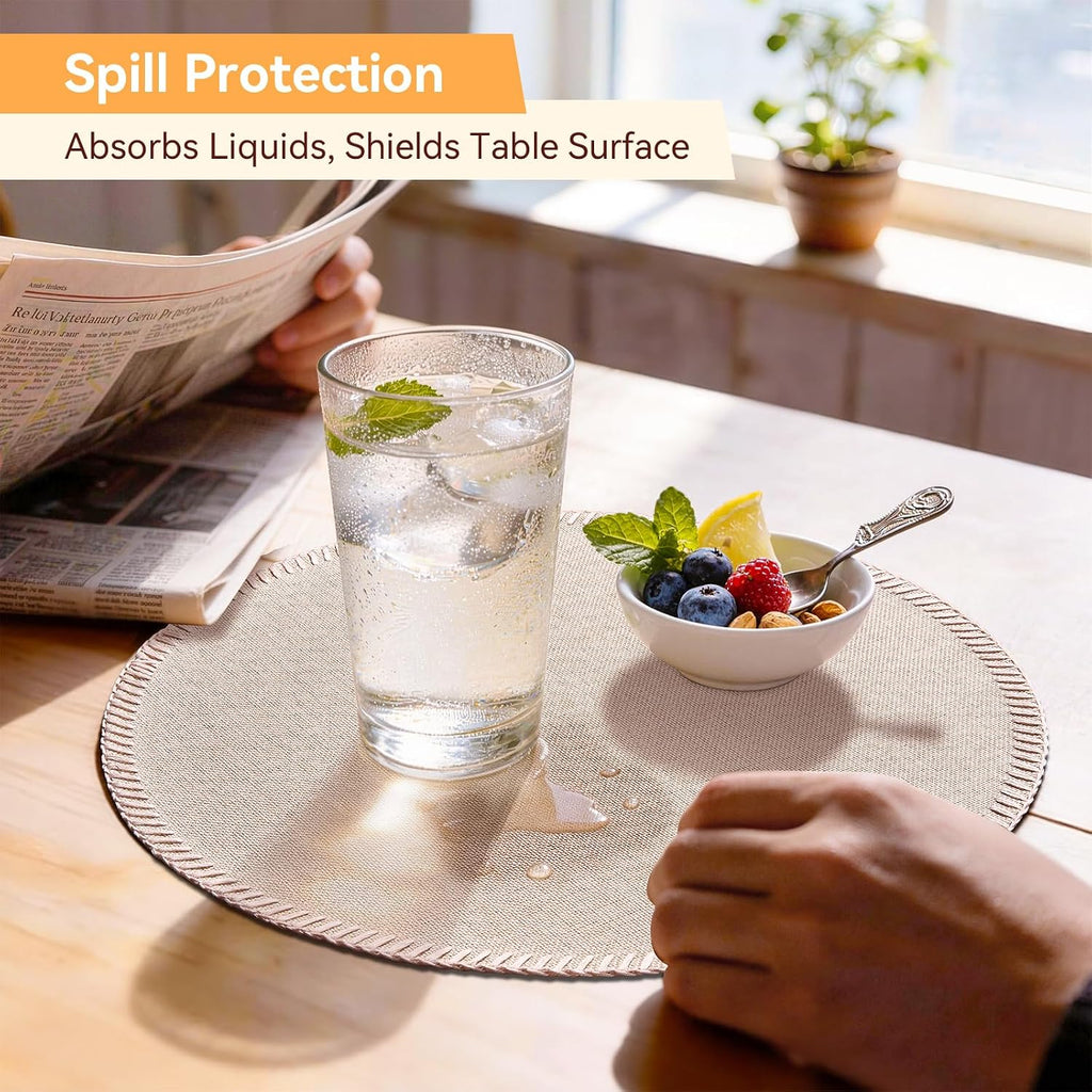 Round Placemats - Machine Washable Linen-Like Cloth Place Mats & Heat-Resistant for Dining Table - Set of 8