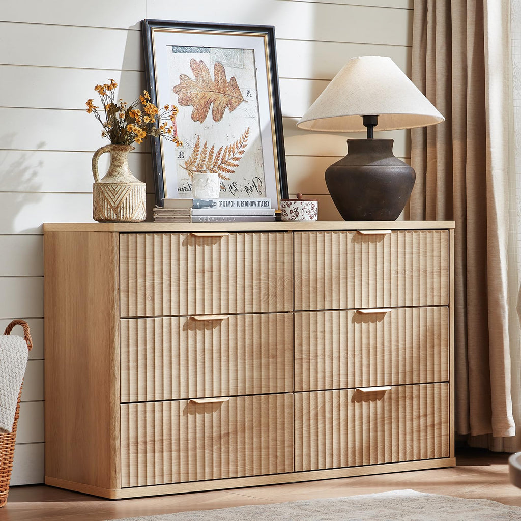 Fluted 6 Drawers Dresser Set of 2, 48" Wide Modern Chest of Drawers with Metal Handle, Natural Curved Profile