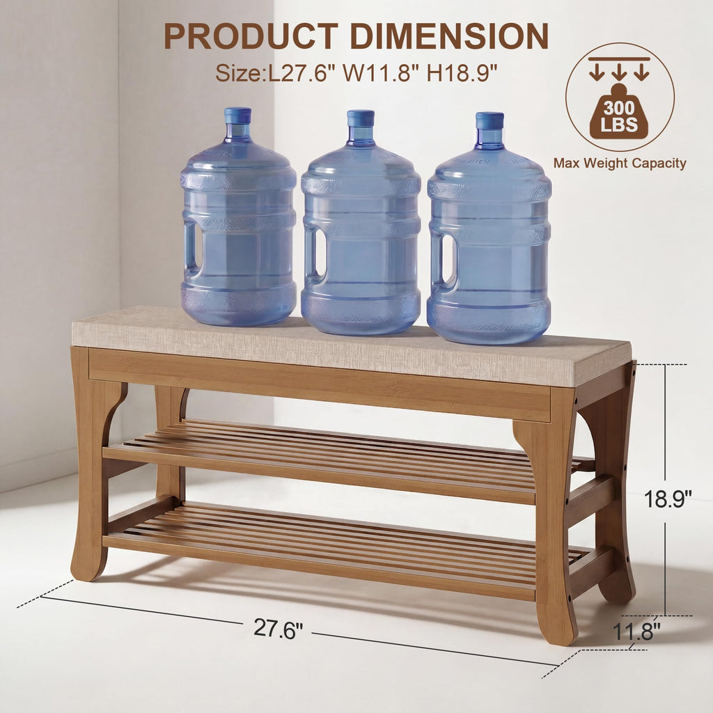 27.6" Shoe Storage Bench with Cushion, Bamboo Shoe Rack Bench, 2-Tier Entryway Shoe Organizer, Supports up to 350 LB