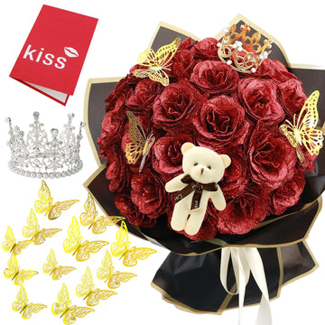 Self-Assembly) Custom Glitter Flower Bouquet, 12 Pcs Forever Flowers, Artificial Glitter Rose Bouquet, Eternal Roses