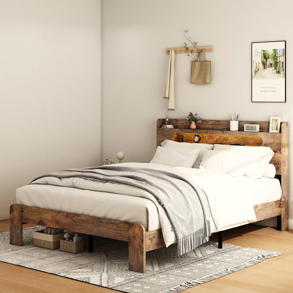 Wooden Bed Frame with Storage Headboard, Rustic Farmhouse Platform Bed Frame with Charging Station &