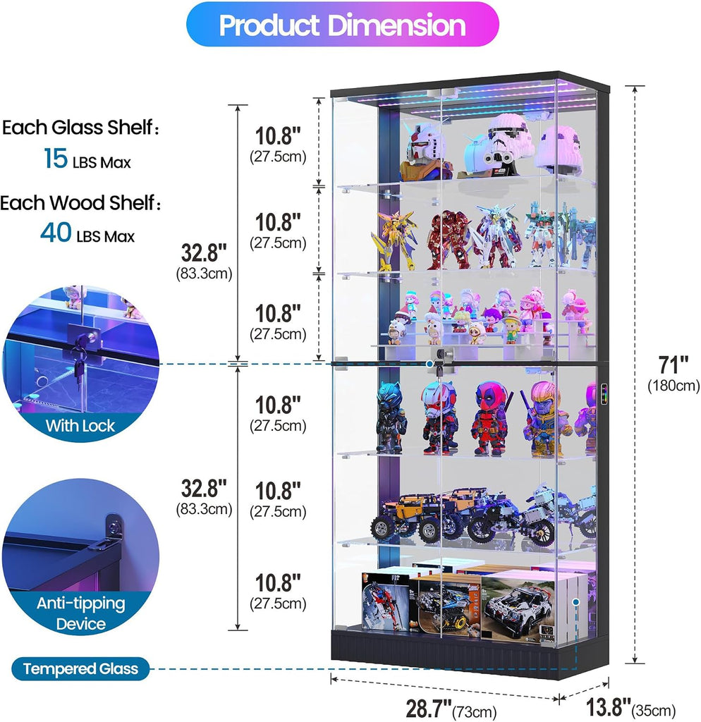 6-Tier Tall Glass Display Cabinet with RGB Lights for Collectibles | 71" Lockable Curio Cabinet,Glass Door,Display