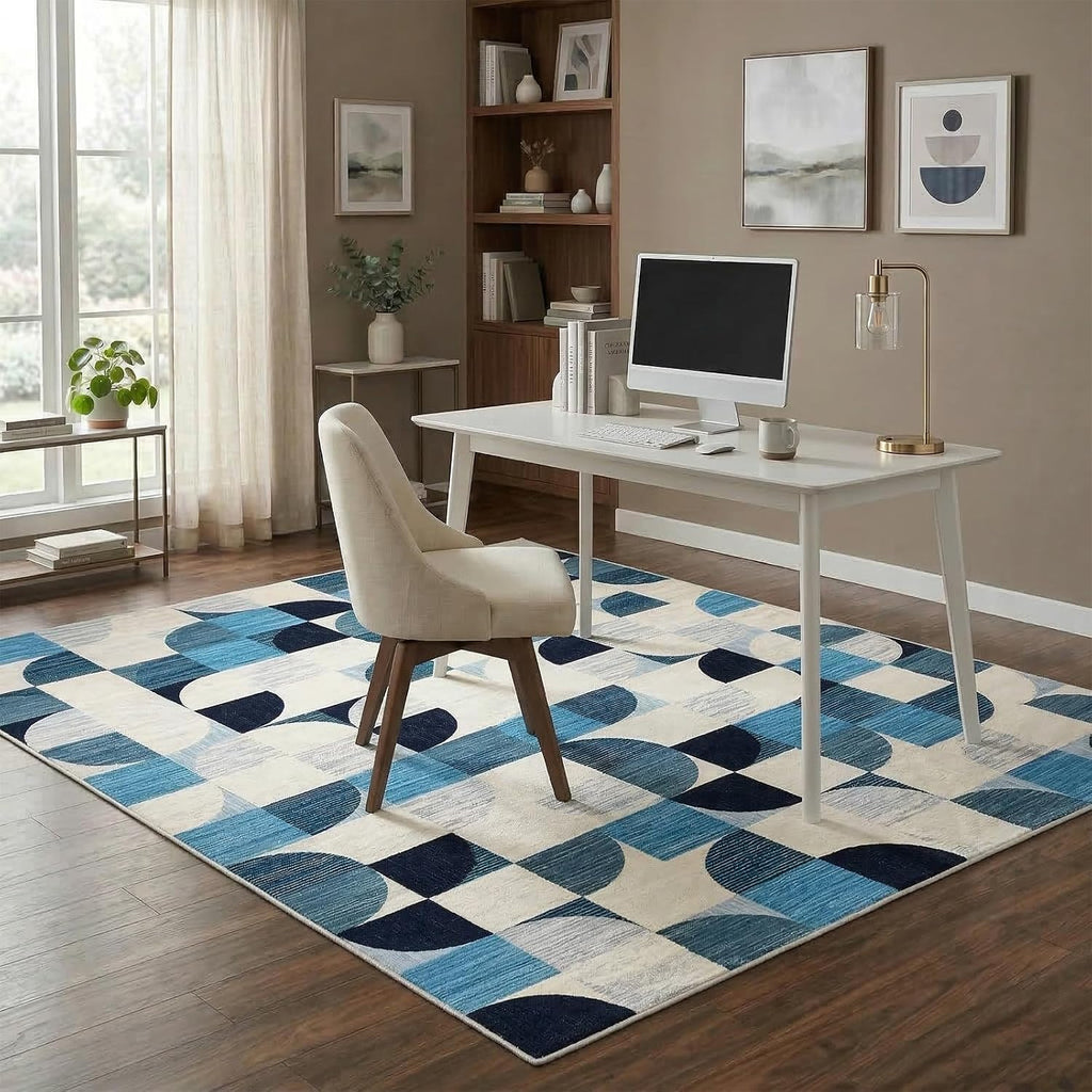 Washable Area Rug Geometric Style Modern Rugs, Blue Checkered Rug Soft Low Pile Lightweight Rugs Indoor Non Slip
