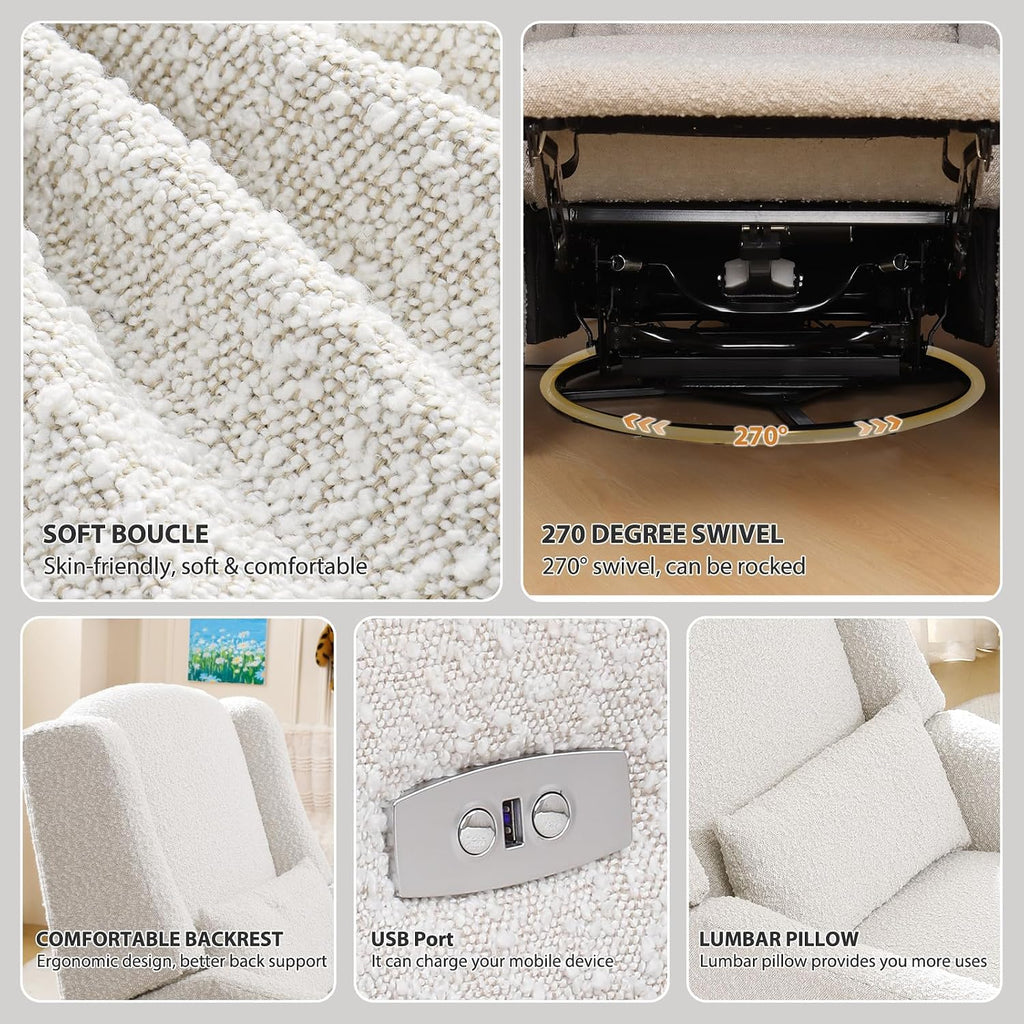 Power Recliner Chair Swivel Glider, Large Rocker Recliner, Cream | Boucle Upholstered Swivel Rocker Glider Recliner