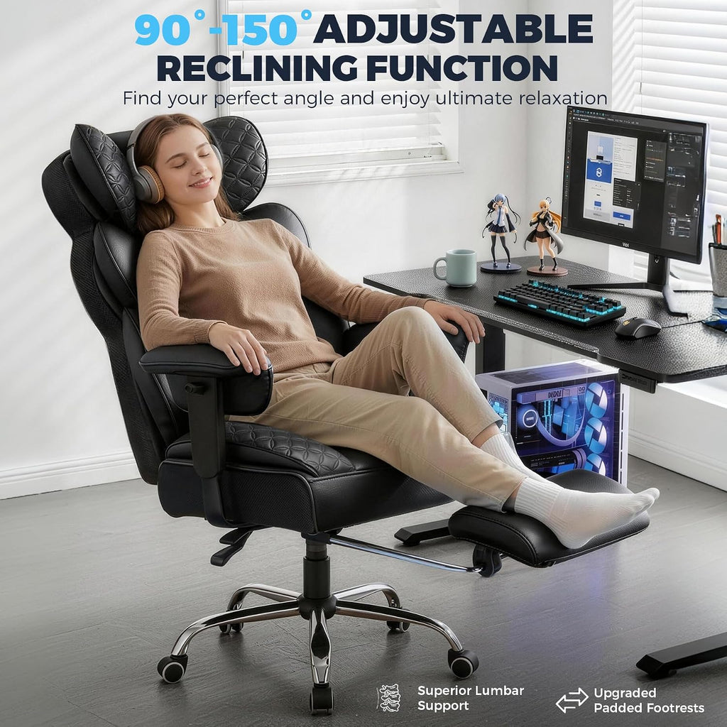 Big and Tall Gaming Chair Ergonomic Heavy Duty Office Chair Racing Seat with Adjustable Lumbar Pillow Footrest 150°