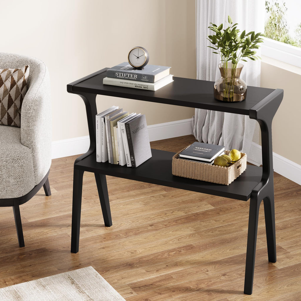 2-Tier Solid Wood Side Table, Modern Black End Table with Storage Shelves, Tall Slim Side Table for Couch with Unique