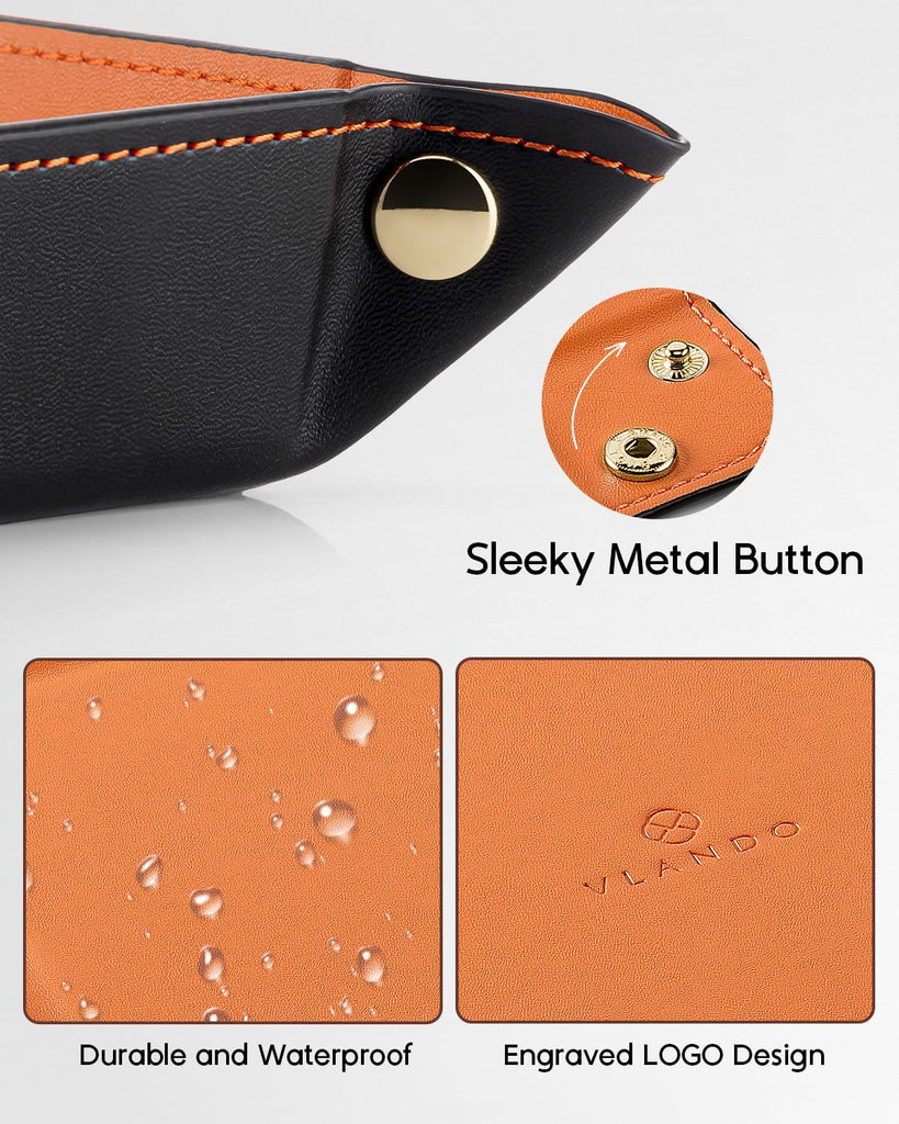 Travel Valet Tray, Foldable PU Leather Catchall Tray, Orange Black