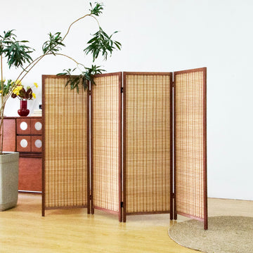 4 Panel Short Panel Divider Screen, 3.95 FT Tall Bamboo Room Divider Folding Privacy Screen, Short Panel Divider