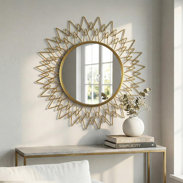 Sunburst Round Mirror for Wall Modern Gold Frame Glam Home Decor 36"