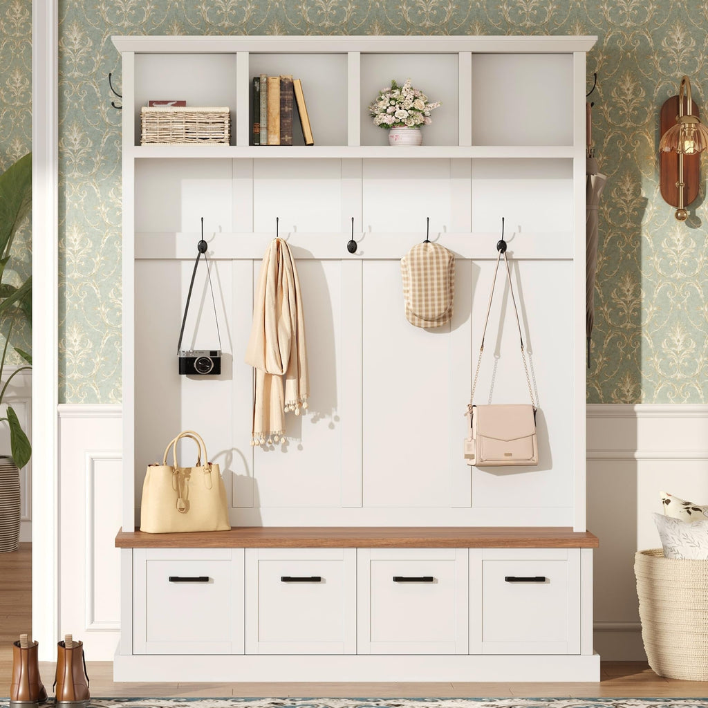 Farmhouse Hall Tree with Storage Bench, Mudroom Coat Rack with 6 Hooks, Modern All-in-One Entryway Organizer with