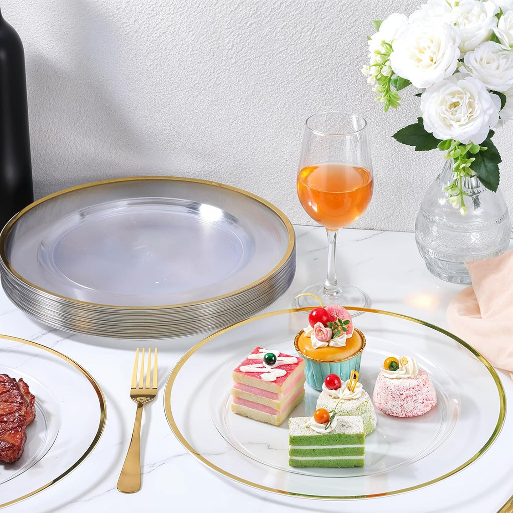 Inch Gold Charger Plates, Clear Charger Plates with Gold Trim, Disposable Plastic Charging Plate Bulk - Set of 25