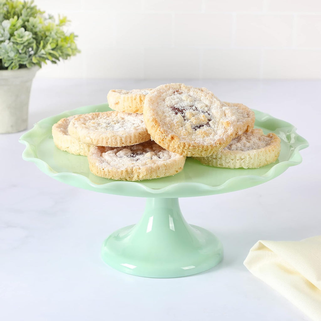 Highbrook 11" Jadeite Glass Cake Stand - Handmade Vintage-Style Dessert Stand with Ruffle Trim, Decorative Pedestal