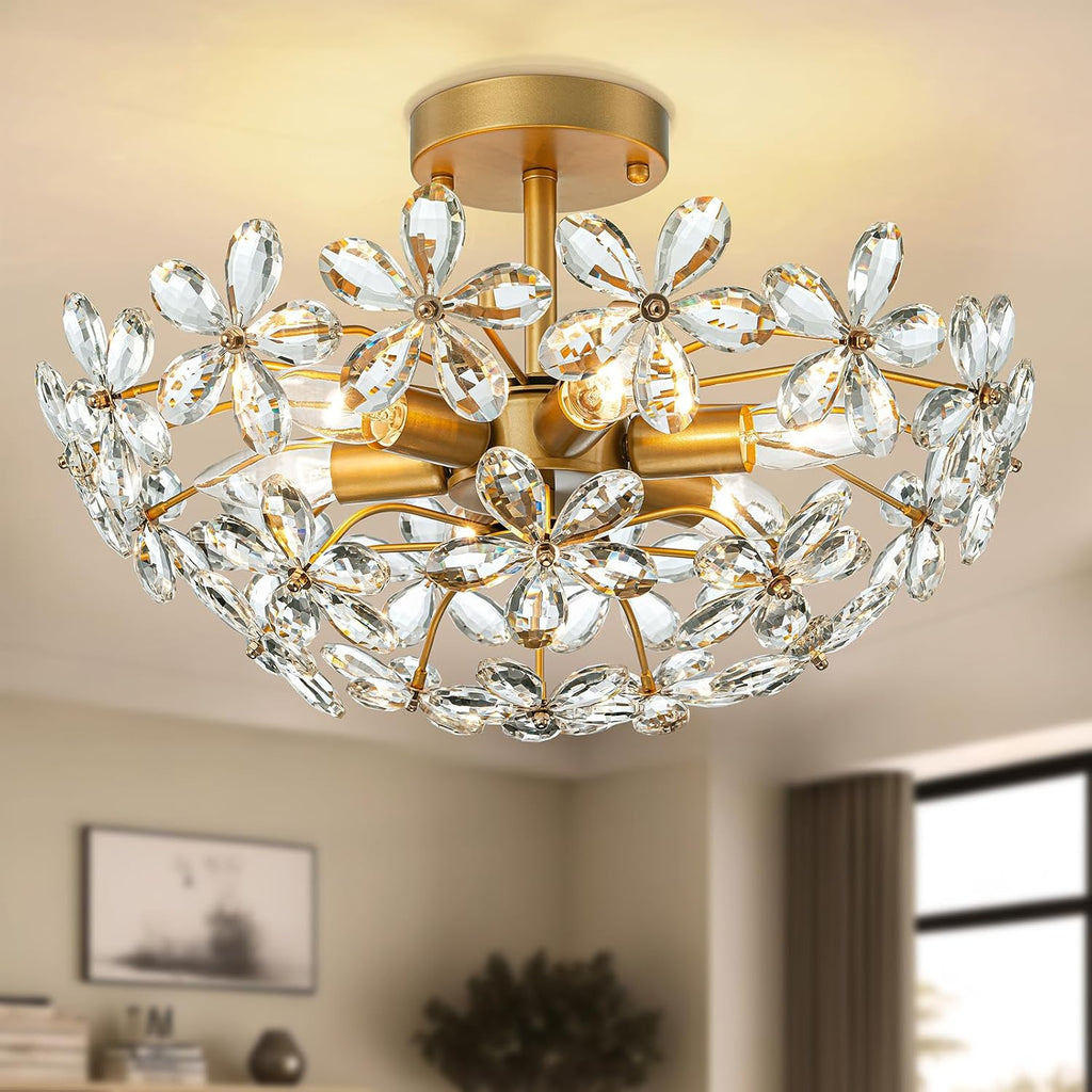 Bedroom Flower Ceiling Light, Brass Gold Flush Mount Chandelier, 17.7 Inch 6-Light Modern Crystal