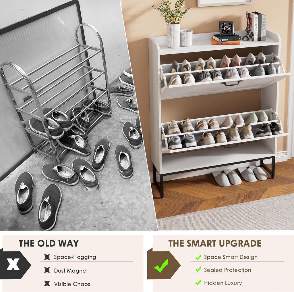 Shoe Storage Cabinet with 2 Flip Drawers, Freestanding Shoe Organizer, Shoe Cabinet with Metal Legs, Narrow Shoe Rack
