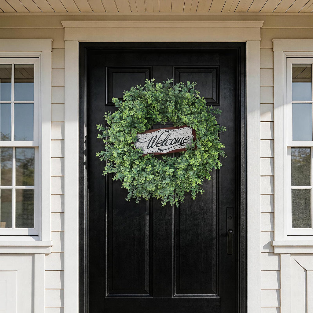 26" Artificial Boxwood Wreath with Welcome Sign for Front Door Decor(Green)