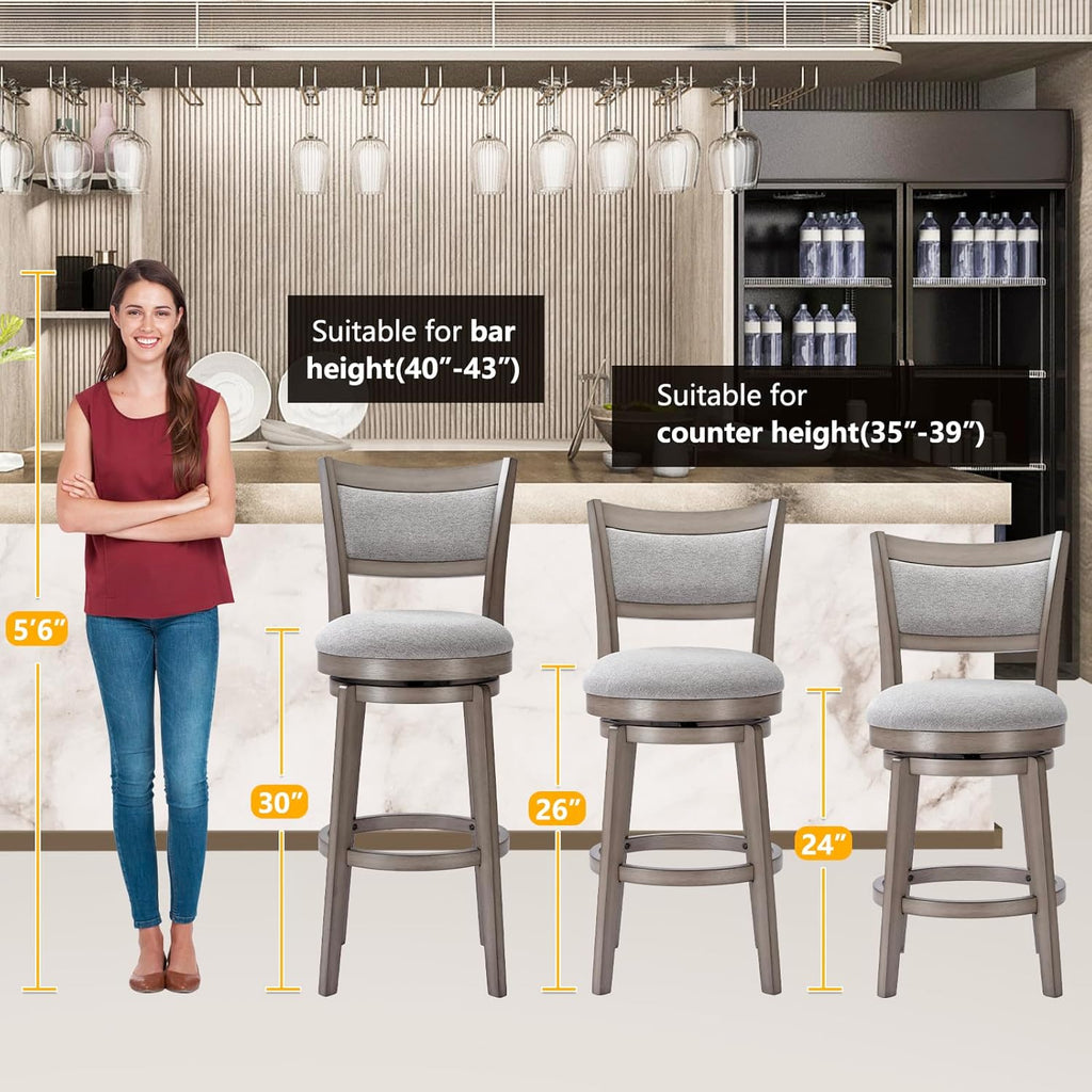 Swivel Bar Stools Set of 2, 30 Inch Bar Height Barstools, High Back Bar Stool with Solid Wood Legs & Wrap-Around