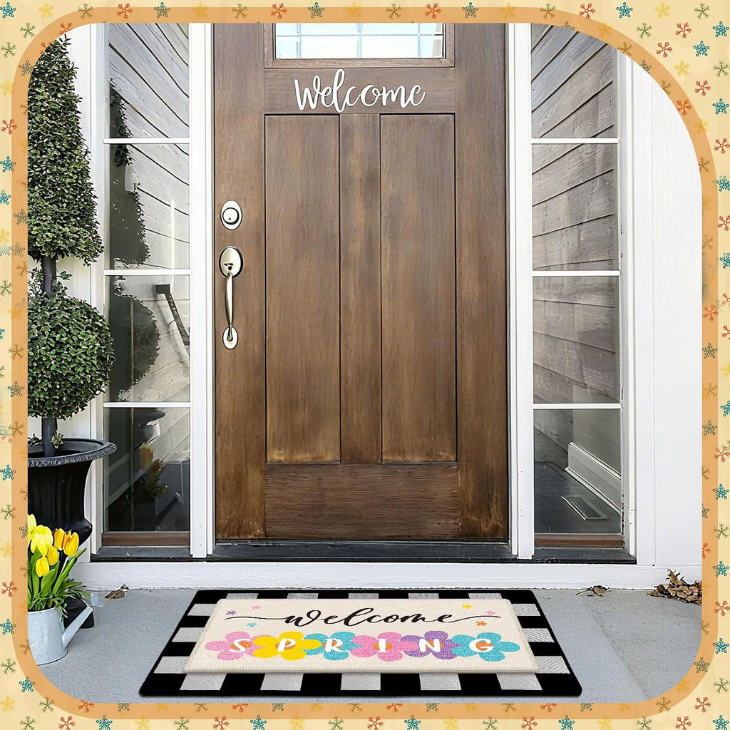 5 Pcs Seasonal Doormat Combo Set, Fall Winter Spring Summer,Cute | Welcome, Non Slip Rubber Backing, Buffalo Plaid