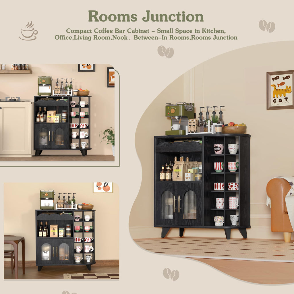 Coffee Bar Cabinet with 24-Cup Display, Large Drawer & Storage, Modern Buffet Sideboard, Medium Wooden Bar Station