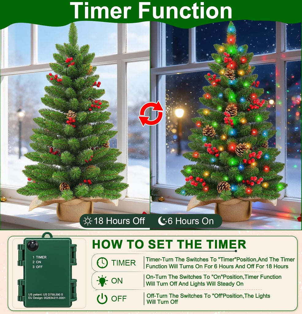Timer 3 ft Artificial Mini Christmas Tree, Tabletop Small Christmas Trees