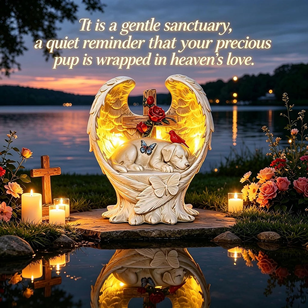 Dog Memorial Stone Solar Angel Wings Garden Statue 10inch