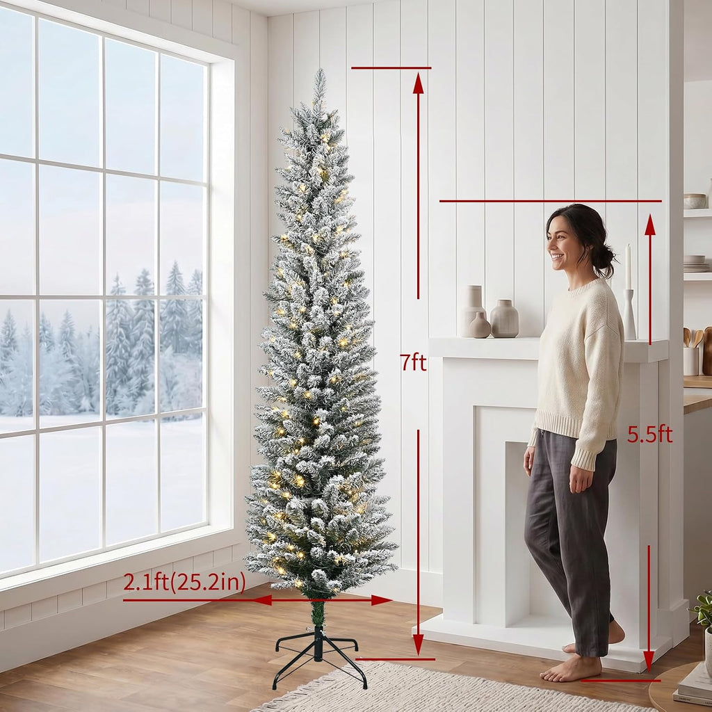 Pre-Lit Slim Pencil Flocked Artificial Christmas Tree with Lights