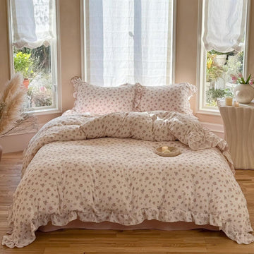Pink Floral Muslin Duvet Cover Full with Ruffles, Tuberose, No Pillows
