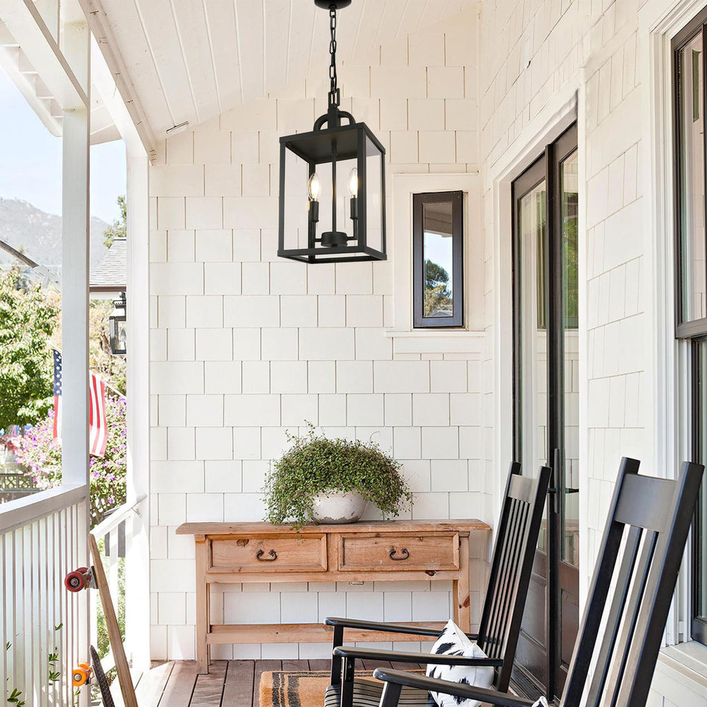 Large Outdoor Indoor Pendant Light 2-Light, Modern Black Metal Outside Chandelier Exterior Hanging Fixture Ceiling
