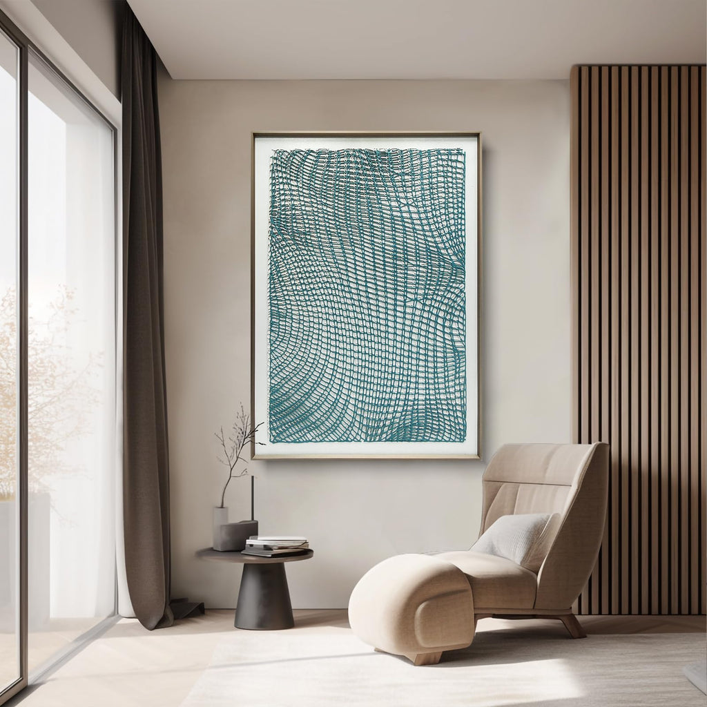 Handmade Acrylic Abstract Wall Art with 3D Textured Lines Serene Teal Wave Canvas Painting in Gallery Frame for