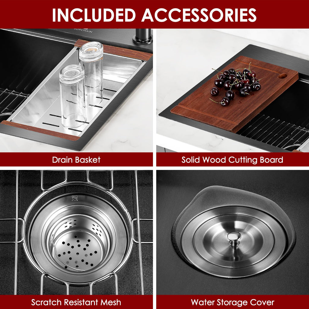 30 Inch Stainless Steel Kitchen Sink 16 Gauge Drop In Single Bowl Workstation Sink 2-Hole Top Mount Kitchen Basin