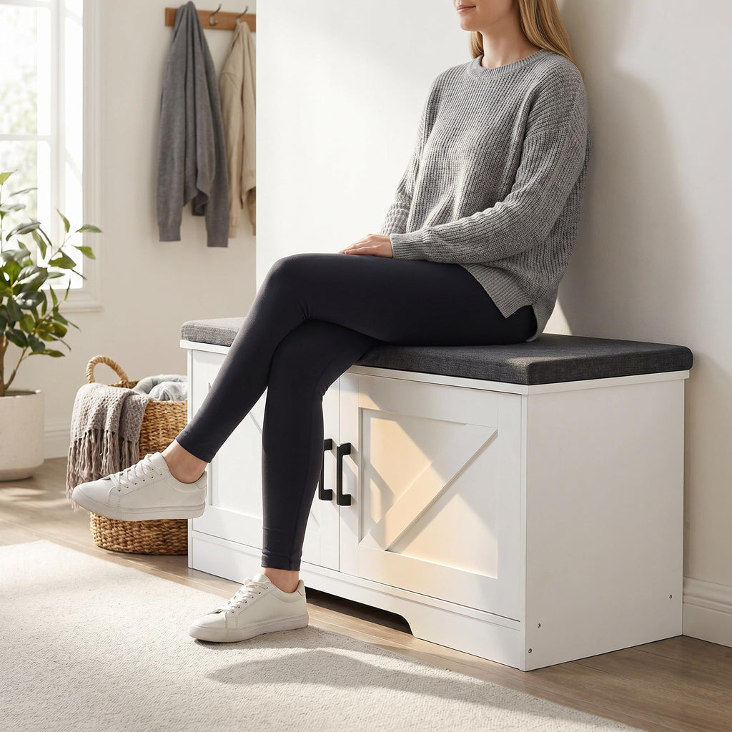 Farmhouse Shoe Storage Bench with 2 Barn Doors & Padded Seat Cushion