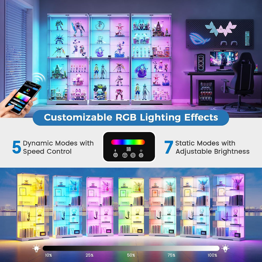 RGB Lighted Display Cabinet with Glass Doors, Frameless - White | 10-layers Shelves; 71inch Tall; Locking Showcase; 5