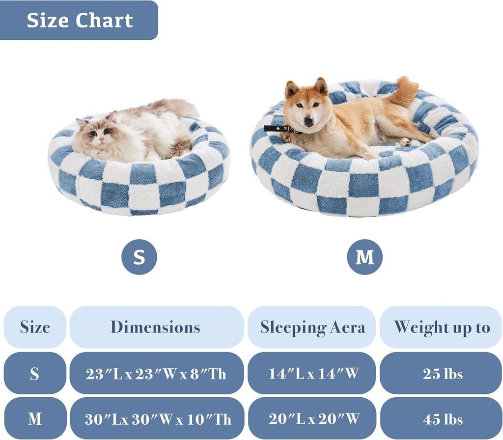 Checkered Dog Bed, Cute Blue Retro Style Aesthetic Round Warming Pet Calming Beds for Small Dog and Cats, Plush Cozy