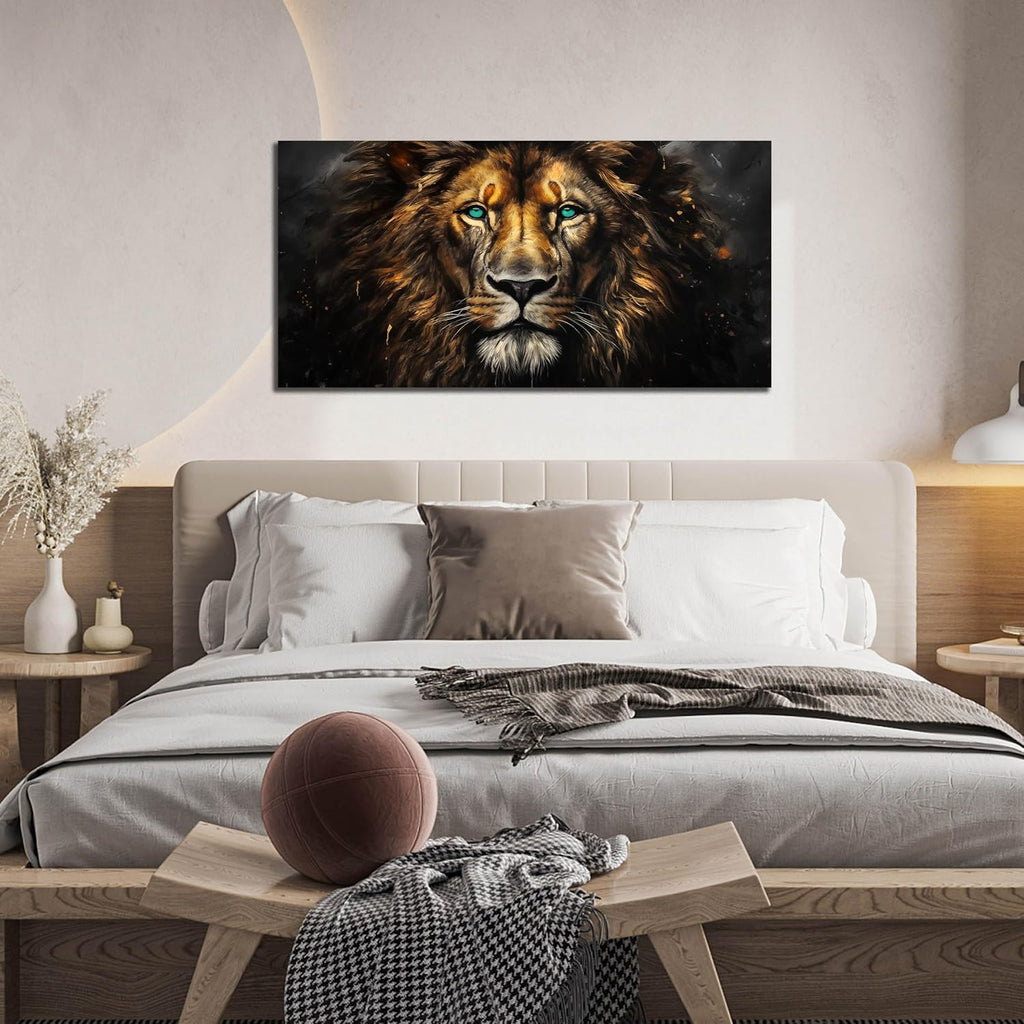 Canvas Wall Art Decor - Golden-Brown Lion with Blue Eyes Wildlife Wild Animal Picture Print Artwork - Ideal Teen