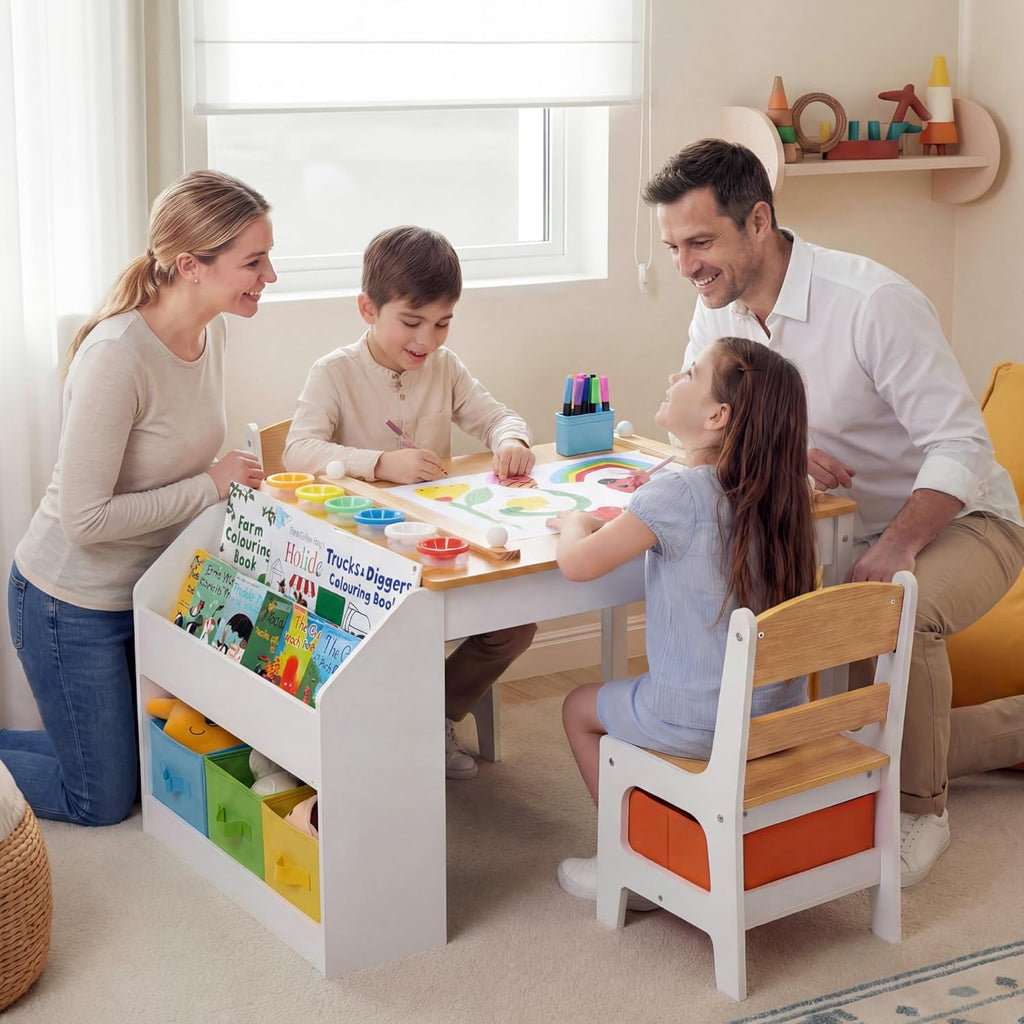 Kids Art Table & 2 Chairs Set, Bookshelf, Natural & White