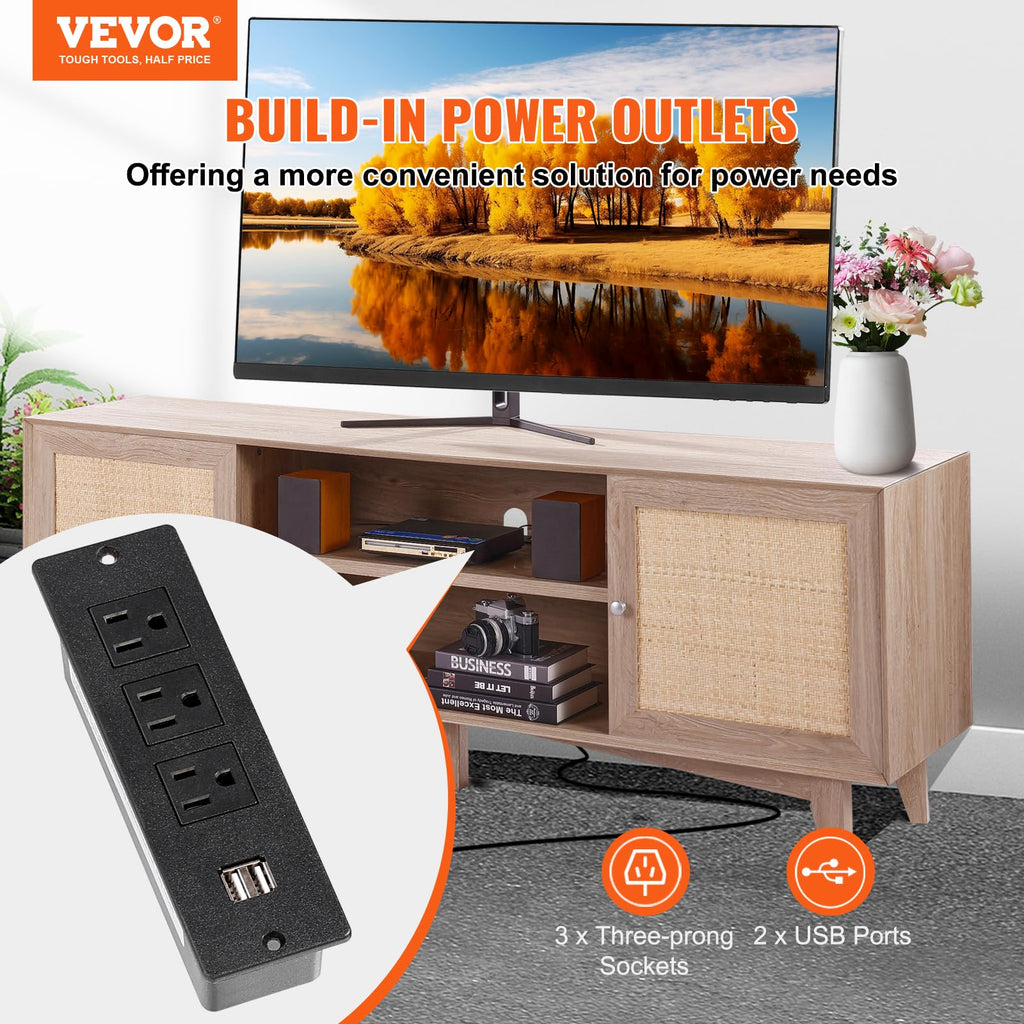 Rattan TV Stand, Mid Century Modern TV Stand for 75 inch TV, Boho Rattan TV Cabinet with Build-in Socket and USB