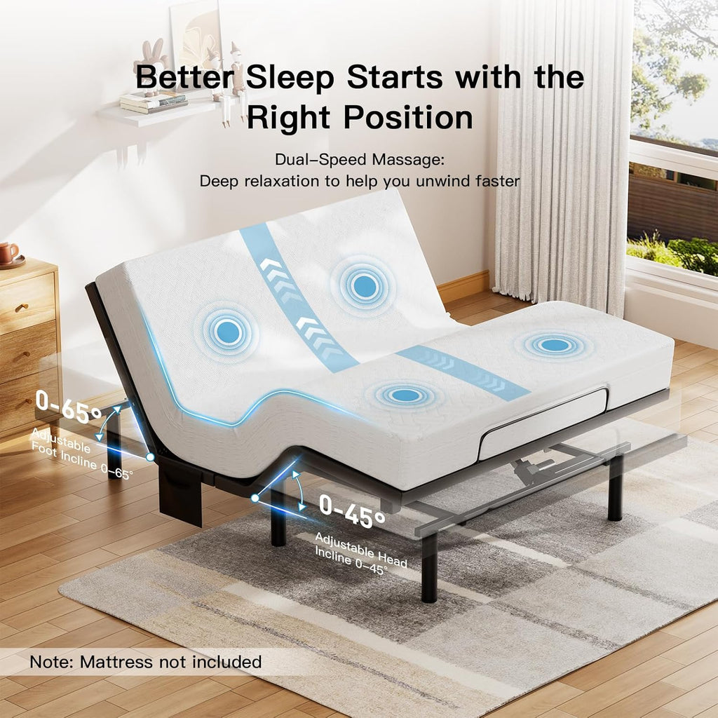 Split King Adjustable Bed Frame with Massage, Electric Bed Base with Head & Foot Incline, USB-A & USB-C Ports, LED