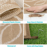 Waterproof Outdoor Rug 9x12 for Patios, Floral Reversible Plastic Straw Rug Patio Mat, Indoor Outdoo