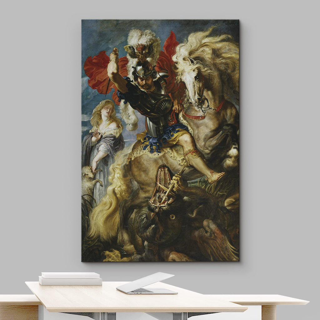 Oil Painting of St George Fighting The Dragon by Peter Paul Rubens in 1606-10 - Baroque Style - Saint, Catholic