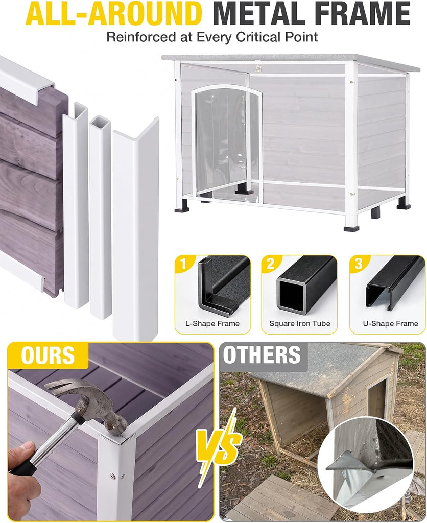 Heated Dog House for Winter Outdoor Dog Kennel with All-Around Iron Frame-100% Insulated Guarantee