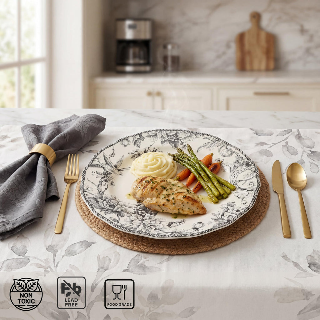 Adelaide 16-Piece Casual Grey Porcelain Dinnerware Set - Service for 4, Classic Toile Bird & Floral Design, Microwave