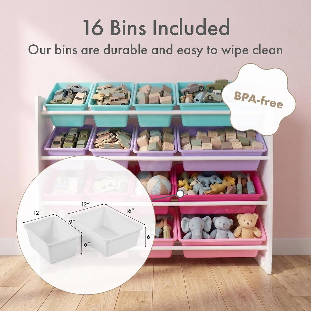 Kids Toy Organizer with 16 Bins, 4 Tier Storage | Sturdy wood and steel toddler shelf, removable BPA-free containers