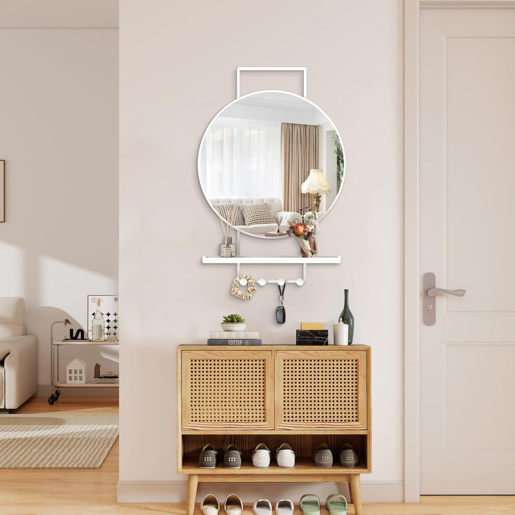 Wall Mirror with Shelf and Hooks, Vertical Mount, 32x22 Inch White