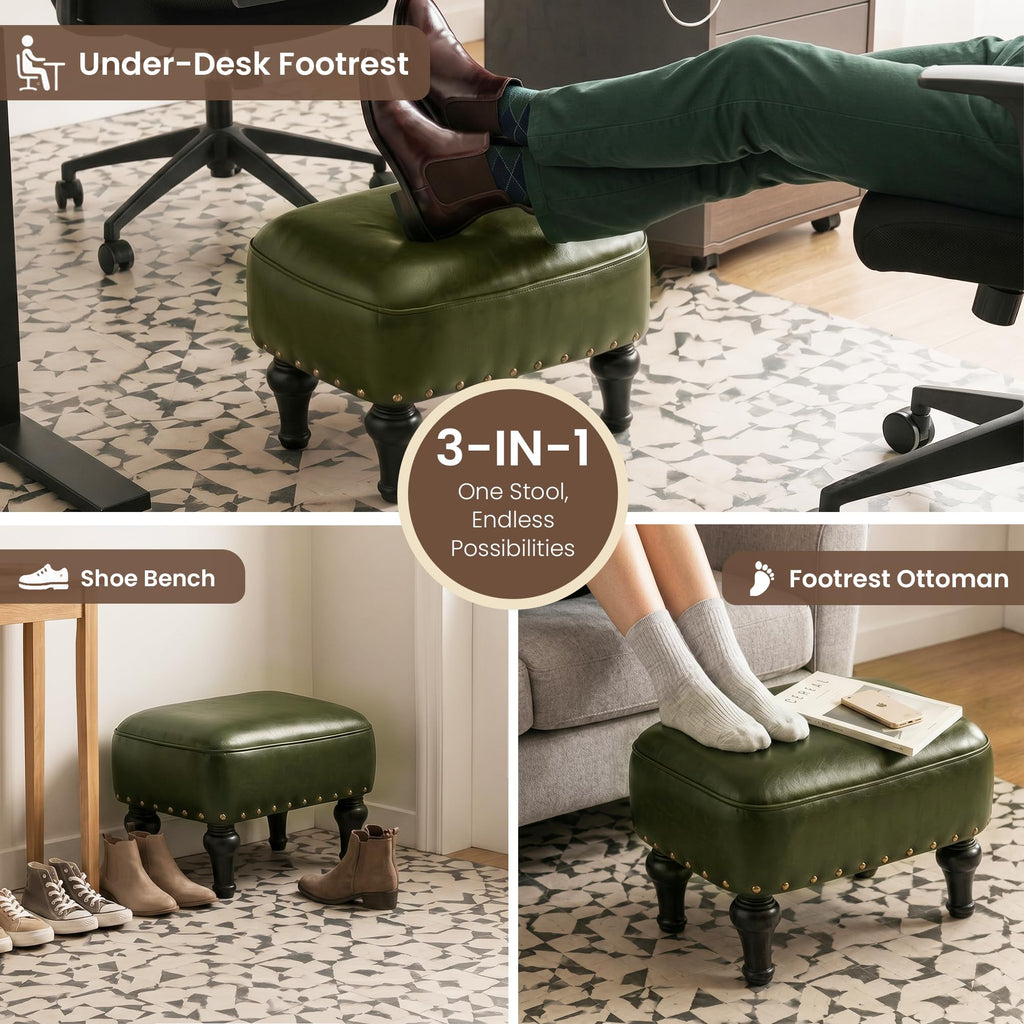 Ottoman Leather Footrest, Vintage Footstool with Hidden Storage, Thickened Foam Upholstered Seat, Solid Beechwood