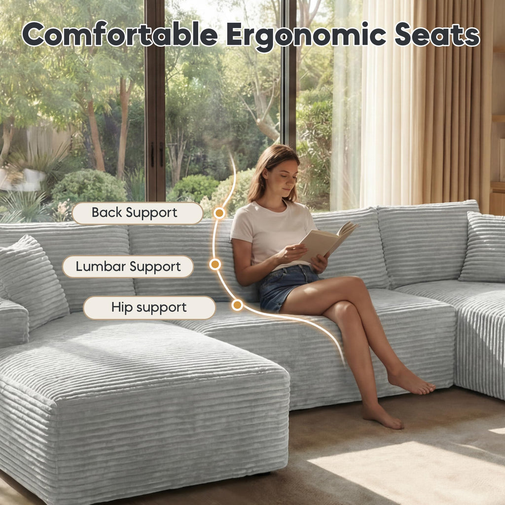 125" Oversized Cloud Boneless Couch with Chaise, Modern Modular Sofa with Deep Seat, Corduroy Upholstered U Shaped