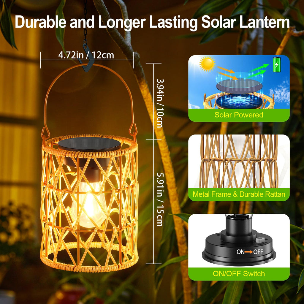 Solar Lantern Outdoor Lights, 4 Pack Bright Hanging Solar Lanterns Outdoor Waterproof with Handle, Decoration Rattan