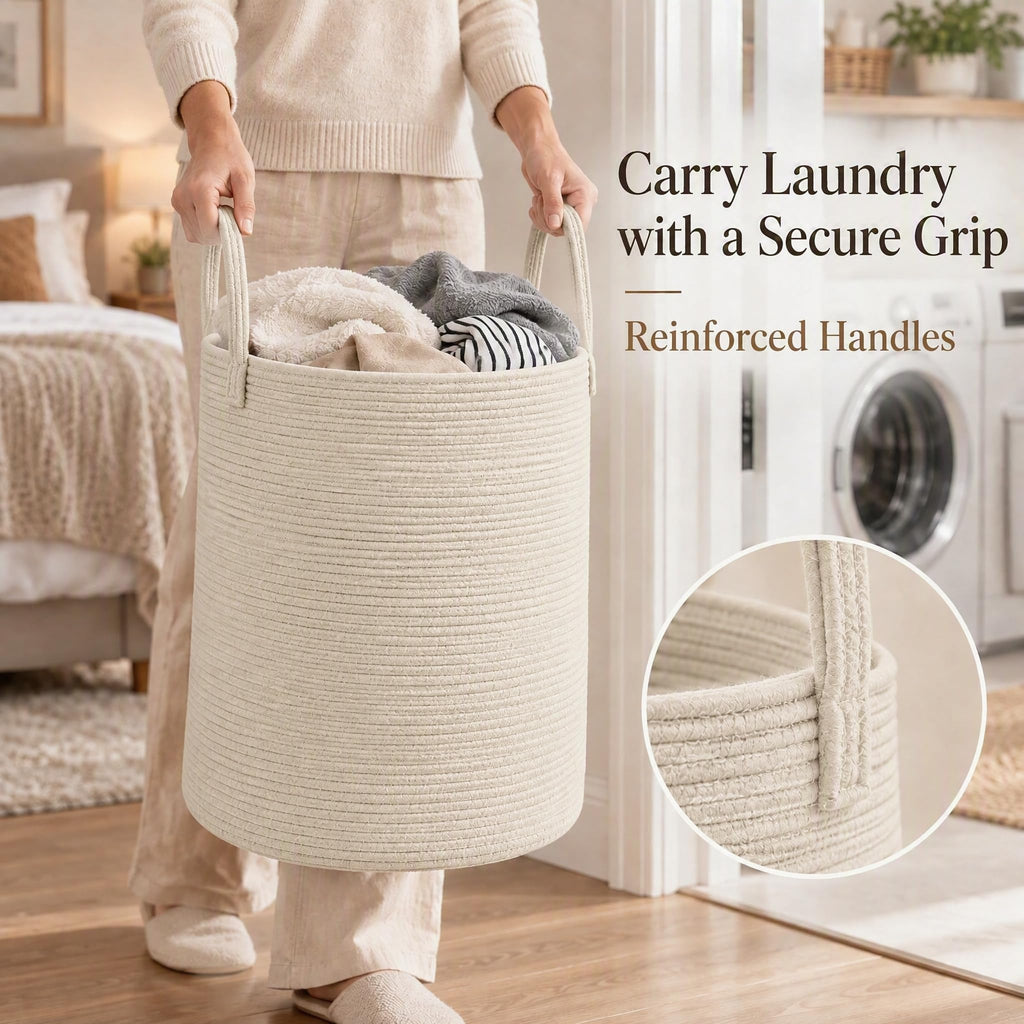 80L Cotton Rope Laundry Basket Hamper, Beige